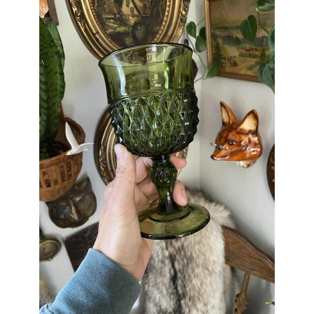 Vtg Indiana Glass Goblet Green Glass Diamond Point Stemmed Wine Water 6.5 In